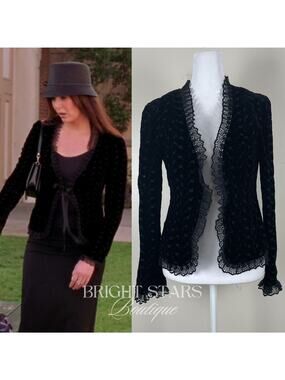Rare Black Velvet Blazer ASO Lorelia Gilmore Girls Velvet Tie Front Lace Trim